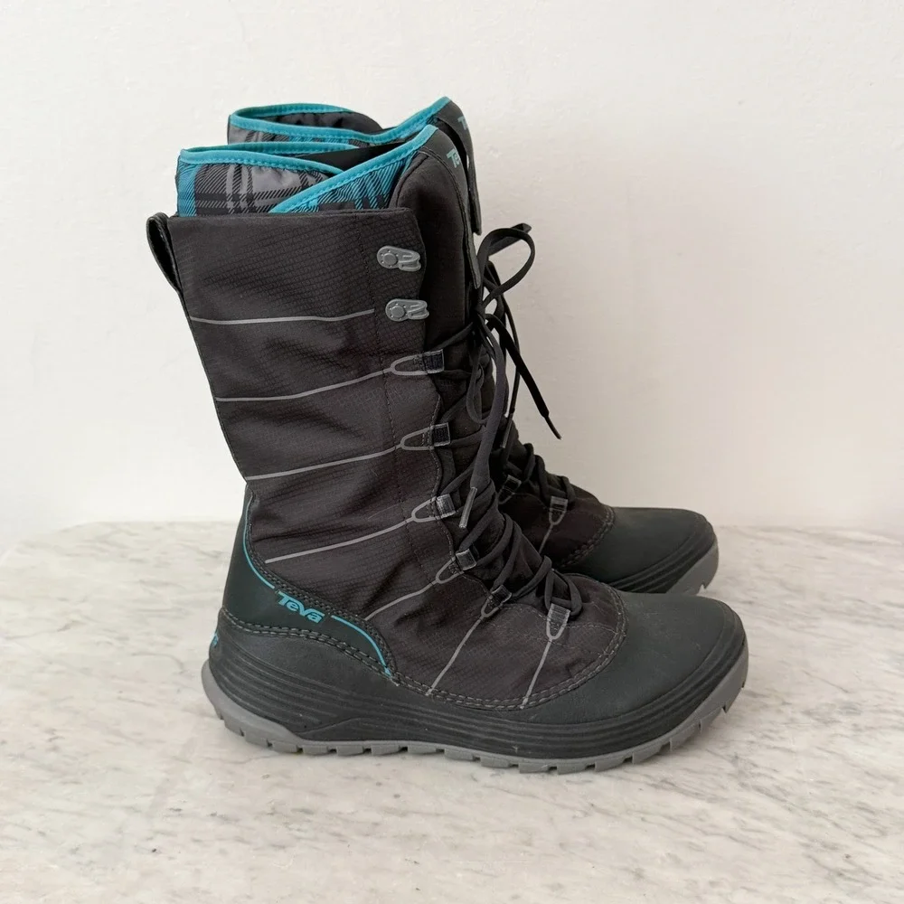 Teva Jordanelle Winter Boots Thinsulate Insulated Black Teal 9 Tall Lace Up